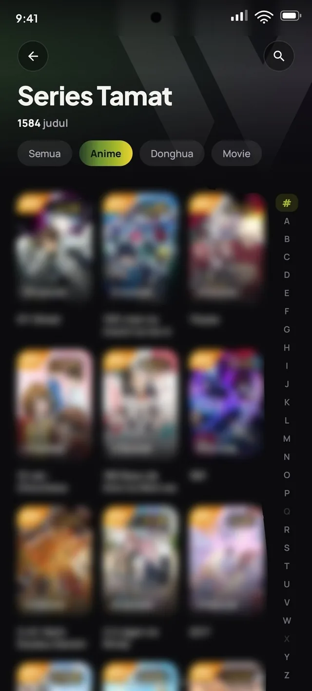 Layar katalog dengan indeks A sampai Z di Wibutime
