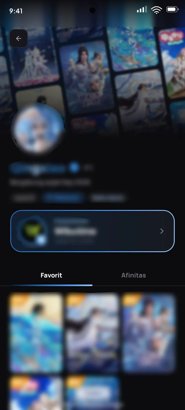 Layar profil dengan tab favorit dan afinitas di Wibutime